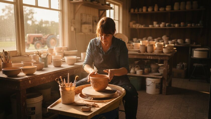 An inspiring wide shot featuring a local artisan passionately crafting pottery at their sunlit studio in Tyabb, with authentic Tyabb branding photography capturing the essence of their skilled work and the rustic charm of the Mornington Peninsula.