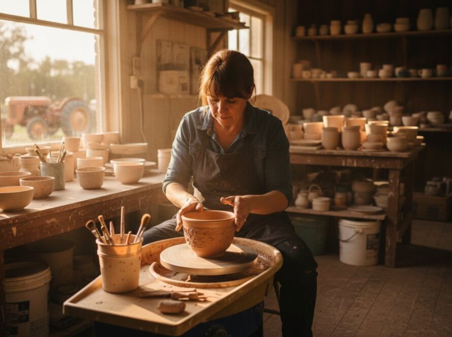 An inspiring wide shot featuring a local artisan passionately crafting pottery at their sunlit studio in Tyabb, with authentic Tyabb branding photography capturing the essence of their skilled work and the rustic charm of the Mornington Peninsula.