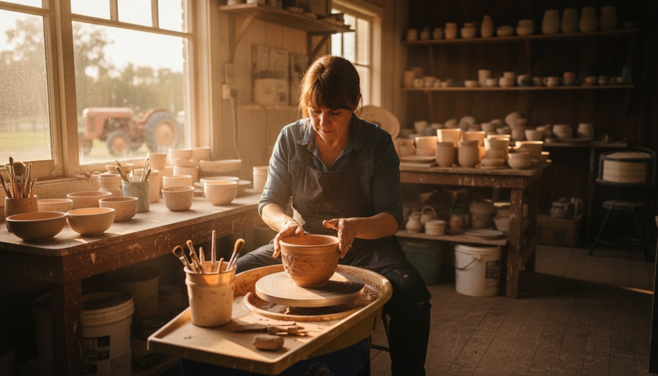 An inspiring wide shot featuring a local artisan passionately crafting pottery at their sunlit studio in Tyabb, with authentic Tyabb branding photography capturing the essence of their skilled work and the rustic charm of the Mornington Peninsula.