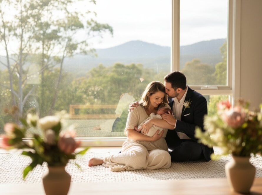 A tender, cinematic wide shot of parents gently cradling their newborn in a sun-drenched Upwey home, capturing authentic Upwey newborn photography storytelling with soft light filtering through eucalyptus trees in the background, evoking a sense of calm and overwhelming love.