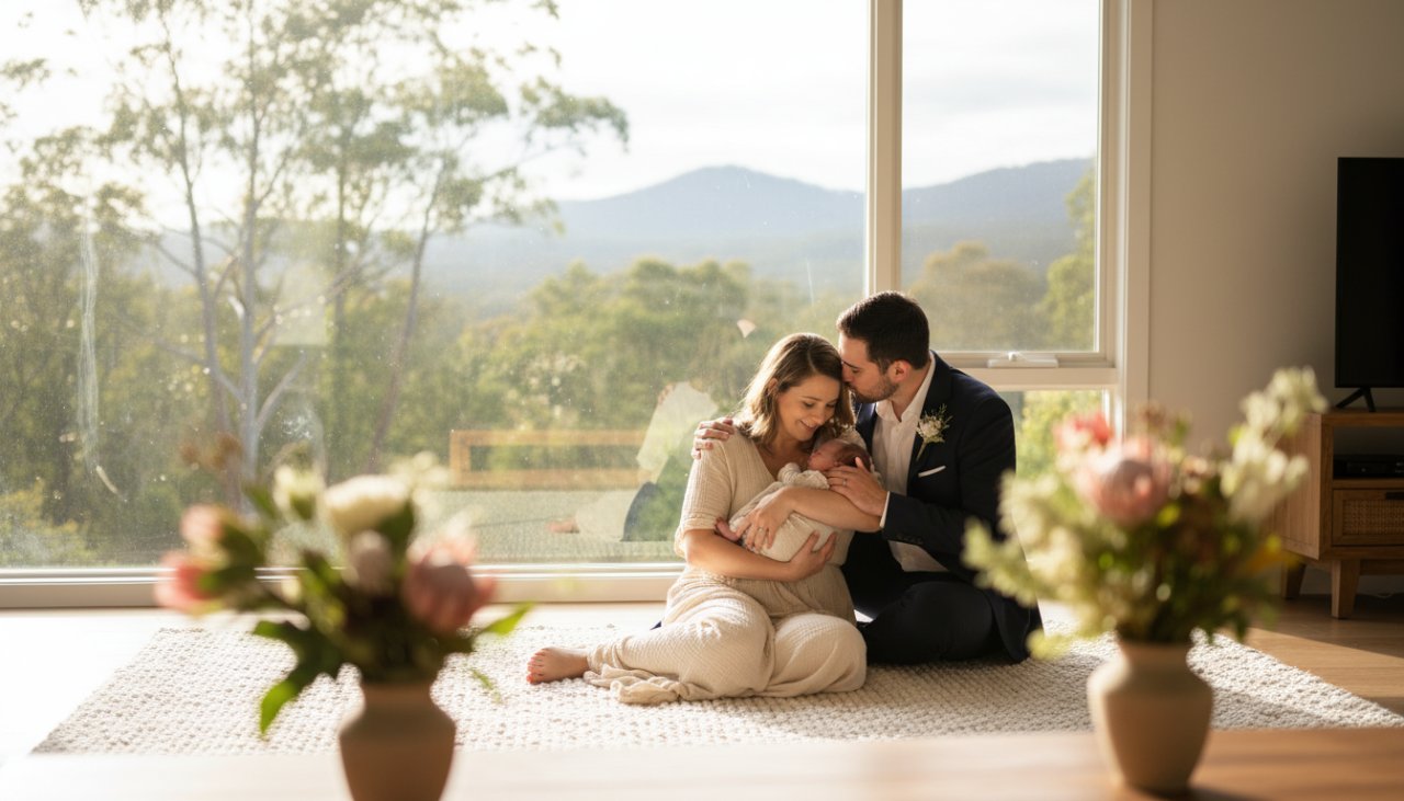 A tender, cinematic wide shot of parents gently cradling their newborn in a sun-drenched Upwey home, capturing authentic Upwey newborn photography storytelling with soft light filtering through eucalyptus trees in the background, evoking a sense of calm and overwhelming love.
