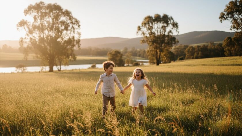 An authentic Woori Yallock kids photography outdoor fun moment, capturing two siblings laughing joyfully amidst sun-dappled eucalyptus trees near the Woori Yallock Creek, their faces glowing with pure happiness, showcasing an epic, candid play scene.