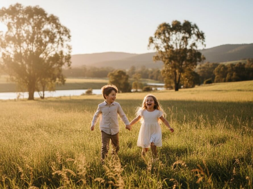 An authentic Woori Yallock kids photography outdoor fun moment, capturing two siblings laughing joyfully amidst sun-dappled eucalyptus trees near the Woori Yallock Creek, their faces glowing with pure happiness, showcasing an epic, candid play scene.