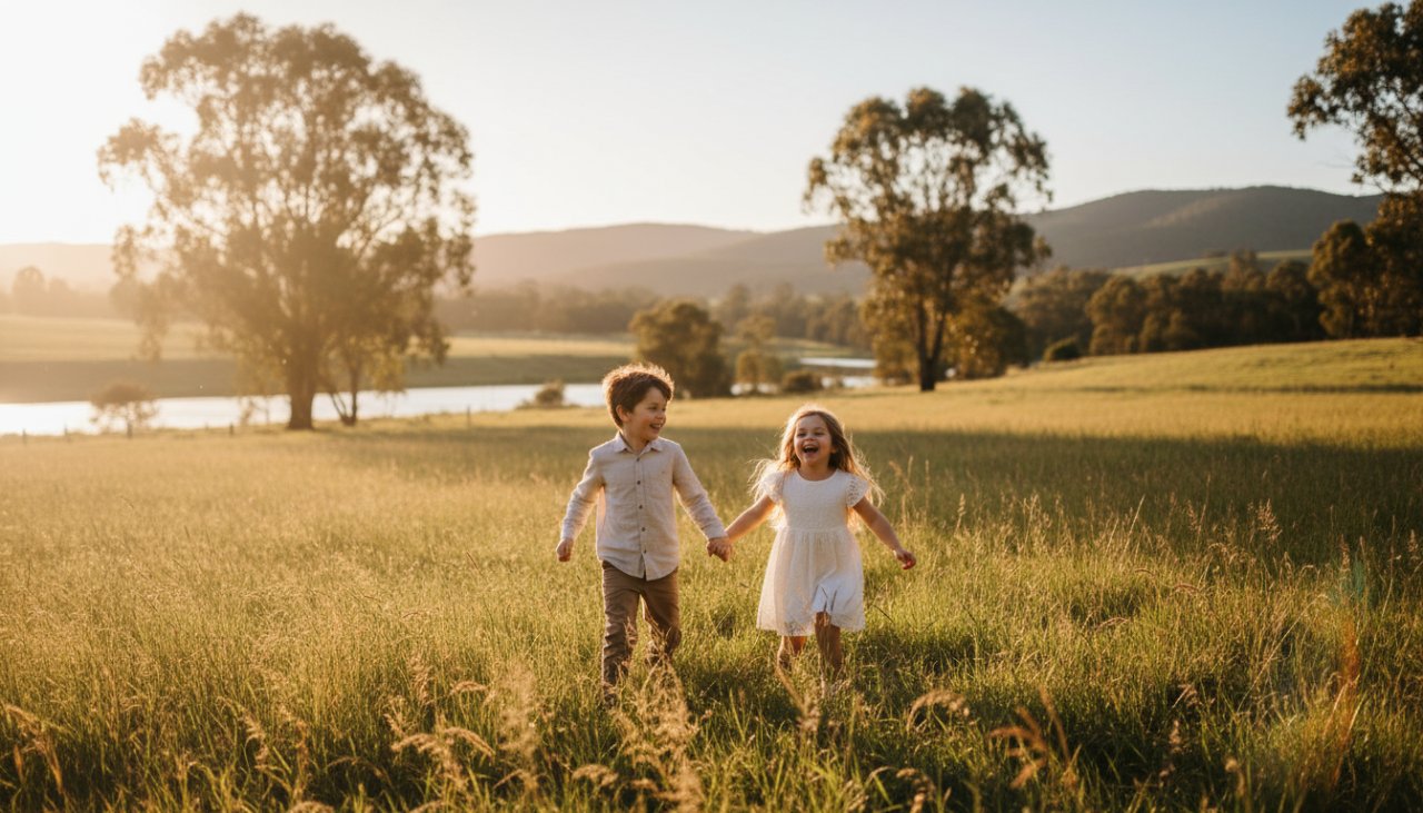 An authentic Woori Yallock kids photography outdoor fun moment, capturing two siblings laughing joyfully amidst sun-dappled eucalyptus trees near the Woori Yallock Creek, their faces glowing with pure happiness, showcasing an epic, candid play scene.