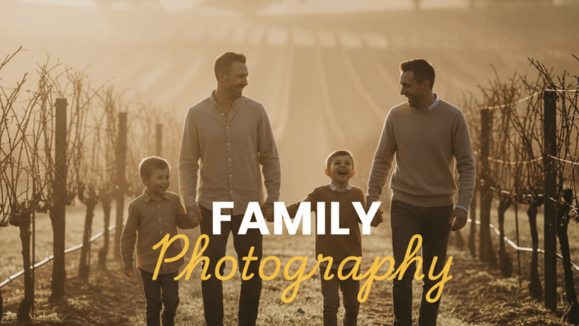 A moody, cinematic street photography style image depicting an authentic Yarra Valley family photo adventures scene, with a family laughing together in a vineyard at golden hour, the 'Family Photography' title overlayed.