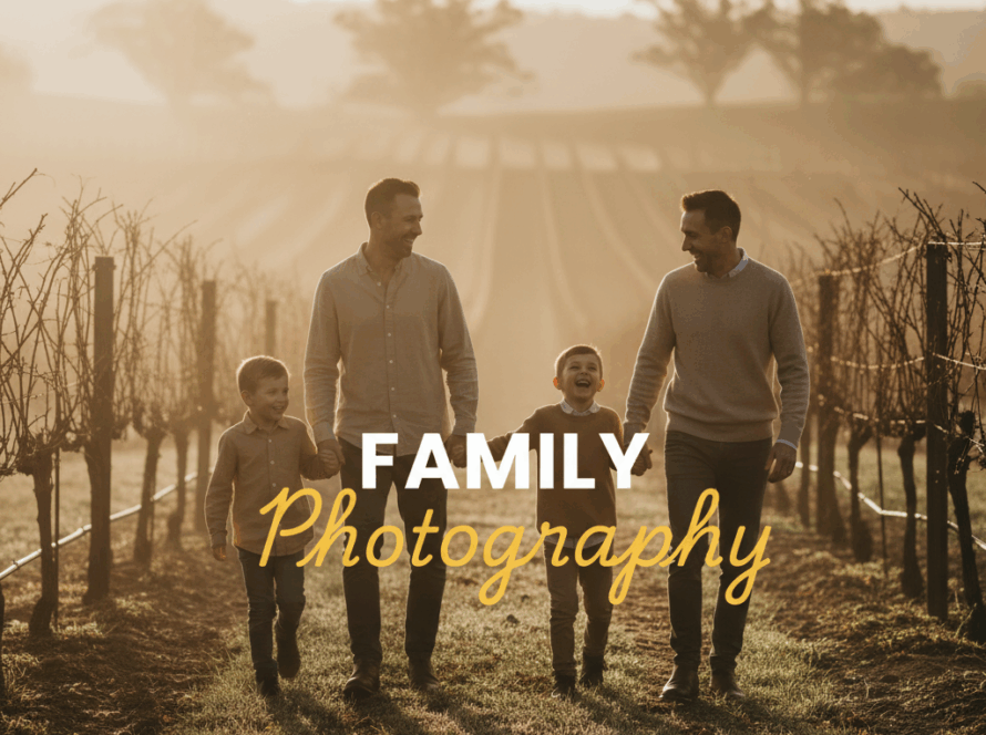 A moody, cinematic street photography style image depicting an authentic Yarra Valley family photo adventures scene, with a family laughing together in a vineyard at golden hour, the 'Family Photography' title overlayed.