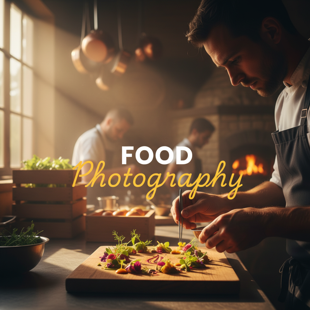 An atmospheric, moody, street photography style image of a chef meticulously plating a dish with fresh Yarra Valley produce in a rustic vineyard restaurant kitchen at golden hour, showcasing authentic Yarra Valley food photography for local businesses.