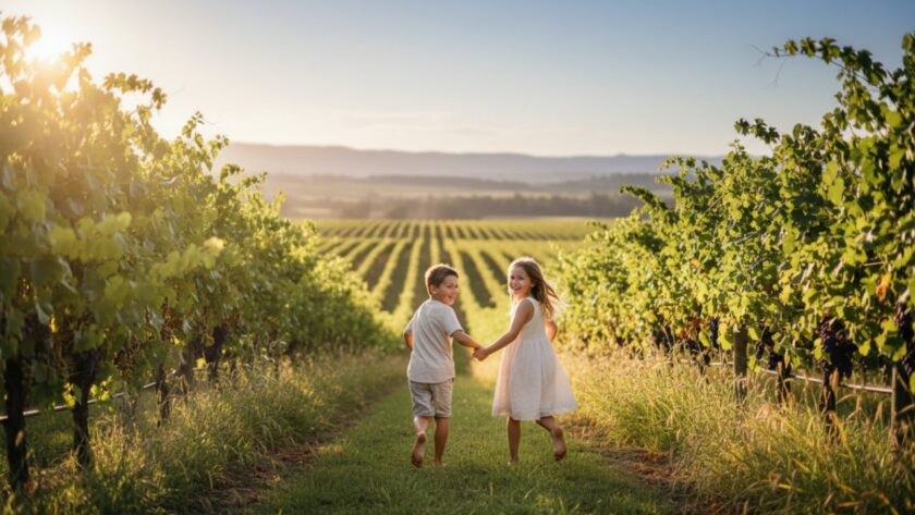 An authentic Yering kids photography capturing joyful moments, showing a child laughing while running through a sunlit vineyard at golden hour, with the Yarra Valley hills in the background, embodying pure freedom.
