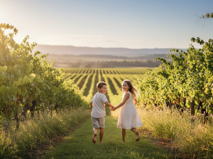 An authentic Yering kids photography capturing joyful moments, showing a child laughing while running through a sunlit vineyard at golden hour, with the Yarra Valley hills in the background, embodying pure freedom.