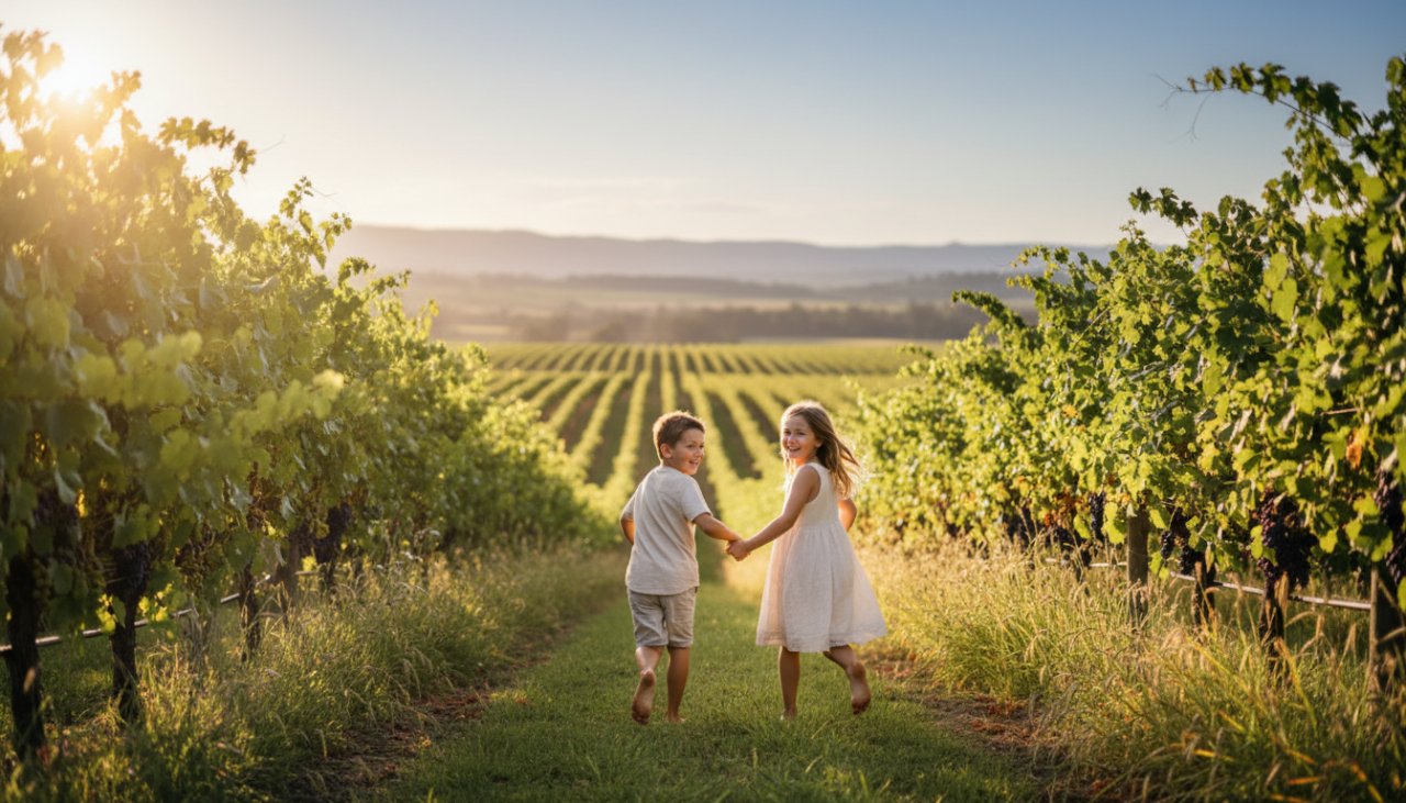 An authentic Yering kids photography capturing joyful moments, showing a child laughing while running through a sunlit vineyard at golden hour, with the Yarra Valley hills in the background, embodying pure freedom.