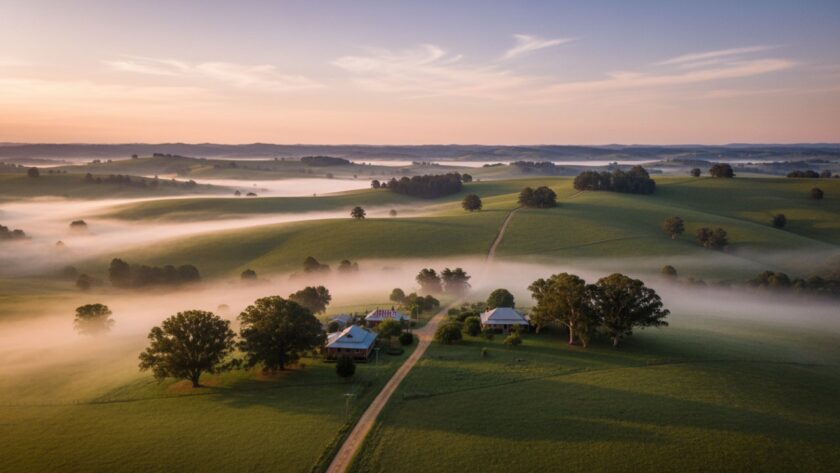 A majestic drone shot capturing Avonsleigh aerial photography services for stunning landscapes, showcasing rolling green hills, a winding country road, and dramatic morning light casting long shadows, creating an epic, serene Australian vista.