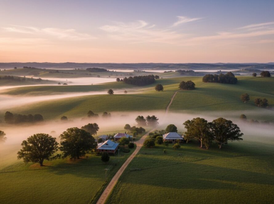 A majestic drone shot capturing Avonsleigh aerial photography services for stunning landscapes, showcasing rolling green hills, a winding country road, and dramatic morning light casting long shadows, creating an epic, serene Australian vista.