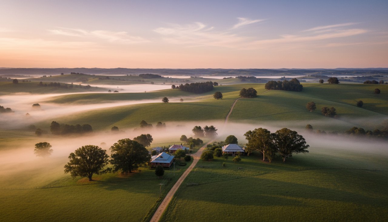 A majestic drone shot capturing Avonsleigh aerial photography services for stunning landscapes, showcasing rolling green hills, a winding country road, and dramatic morning light casting long shadows, creating an epic, serene Australian vista.