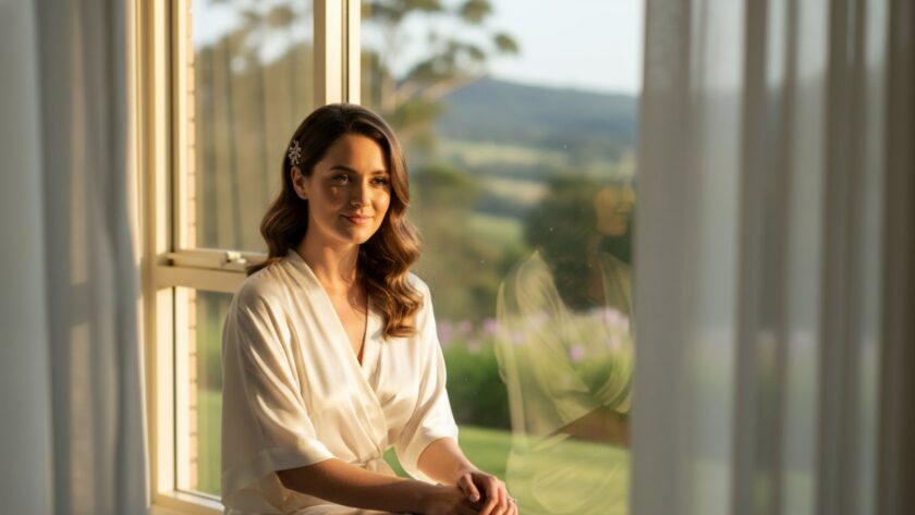 A woman confidently poses in soft, natural light, capturing an Avonsleigh boudoir photography empowering self-love session in Victoria. She gazes out a window with a serene expression, reflecting strength and grace.