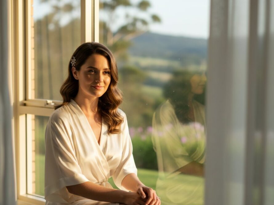 A woman confidently poses in soft, natural light, capturing an Avonsleigh boudoir photography empowering self-love session in Victoria. She gazes out a window with a serene expression, reflecting strength and grace.