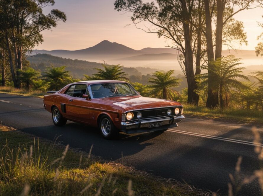 A vintage Australian muscle car, bathed in warm golden hour light, parked on a winding road with the Dandenong Ranges in the background, embodying Avonsleigh classic car photography scenic Dandenongs with an epic, cinematic feel.