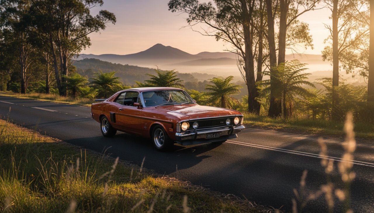 A vintage Australian muscle car, bathed in warm golden hour light, parked on a winding road with the Dandenong Ranges in the background, embodying Avonsleigh classic car photography scenic Dandenongs with an epic, cinematic feel.