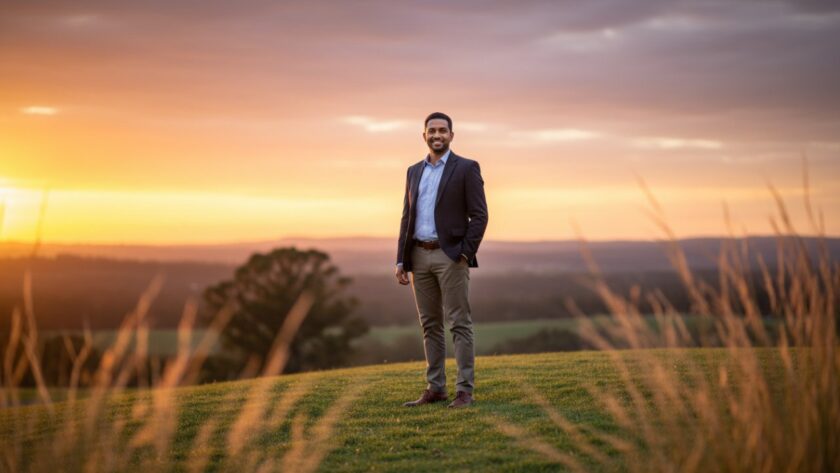 A confident Avonsleigh local professional, mid-stride through the scenic Avonsleigh General Store area, captured in a dynamic, sunlit Avonsleigh corporate headshot for local professionals, conveying success and approachability.