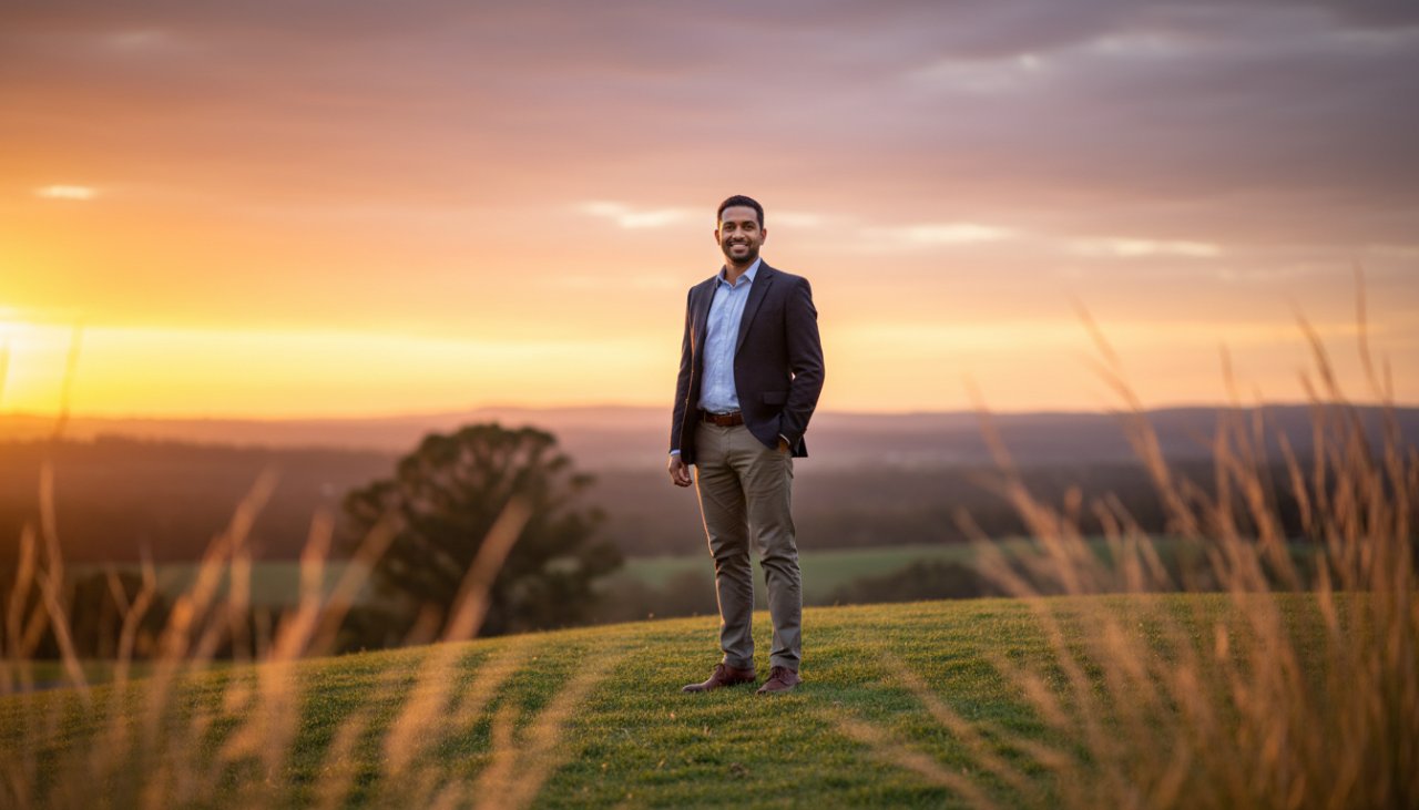 A confident Avonsleigh local professional, mid-stride through the scenic Avonsleigh General Store area, captured in a dynamic, sunlit Avonsleigh corporate headshot for local professionals, conveying success and approachability.