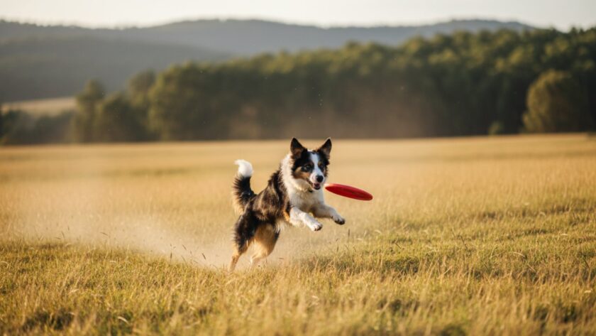 A golden retriever, mid-leap with a joyful expression, playing in a sun-dappled field with lush green trees in the background, embodying Avonsleigh Dandenong Ranges joyful pet photography.