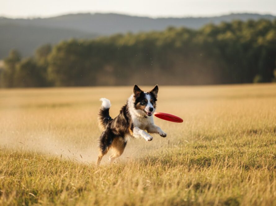 A golden retriever, mid-leap with a joyful expression, playing in a sun-dappled field with lush green trees in the background, embodying Avonsleigh Dandenong Ranges joyful pet photography.