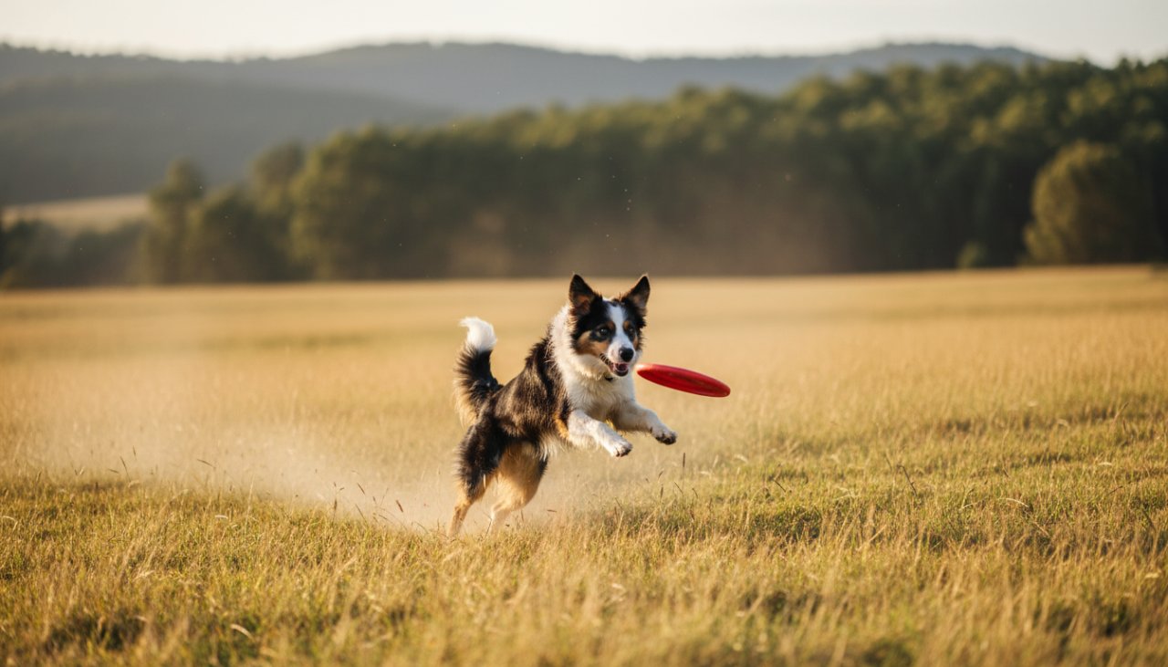 A golden retriever, mid-leap with a joyful expression, playing in a sun-dappled field with lush green trees in the background, embodying Avonsleigh Dandenong Ranges joyful pet photography.