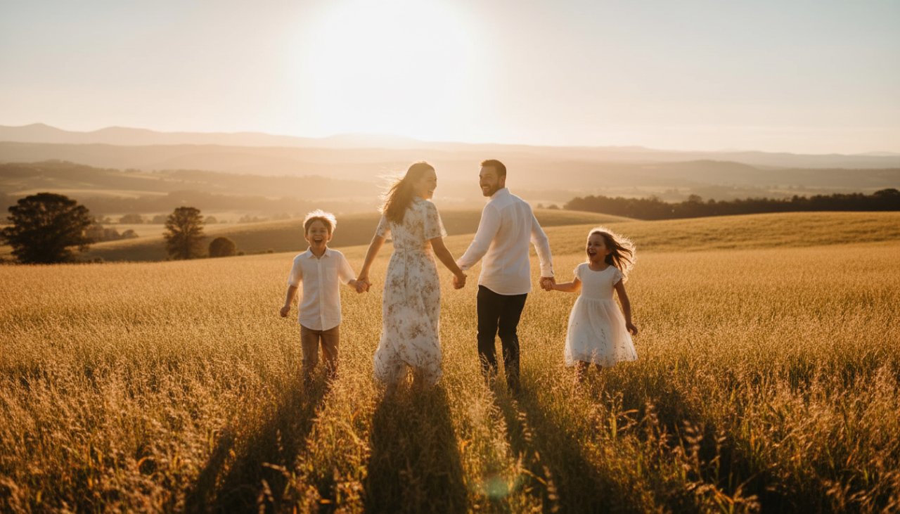An Avonsleigh family photography capturing genuine moments, showcasing a joyous family embracing amidst the golden afternoon light of an Avonsleigh park, with the Dandenong Ranges in the soft background, emphasizing warmth and connection.