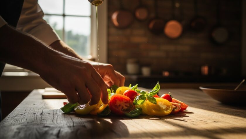 A beautifully composed close-up shot capturing the vibrant colours of freshly harvested heirloom tomatoes and herbs from an Avonsleigh farm, bathed in golden hour light, showcasing Avonsleigh farm-fresh produce photography at its best, with water droplets glistening.