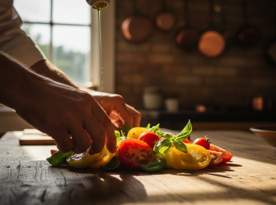 A beautifully composed close-up shot capturing the vibrant colours of freshly harvested heirloom tomatoes and herbs from an Avonsleigh farm, bathed in golden hour light, showcasing Avonsleigh farm-fresh produce photography at its best, with water droplets glistening.