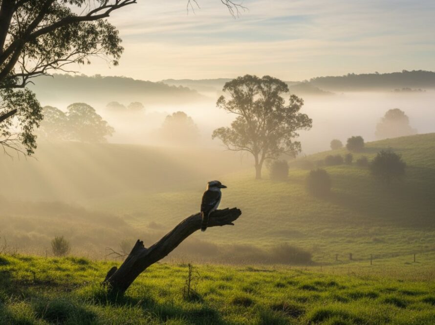 An epic moment captured in Avonsleigh fine art photography, depicting a serene Victorian landscape with a misty valley at dawn, bathed in golden light, evoking tranquility and natural beauty.