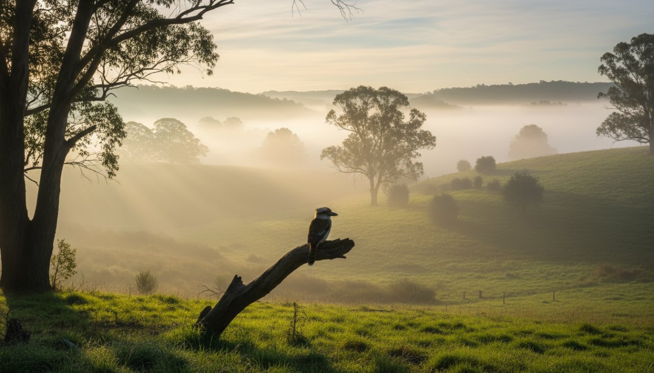 An epic moment captured in Avonsleigh fine art photography, depicting a serene Victorian landscape with a misty valley at dawn, bathed in golden light, evoking tranquility and natural beauty.