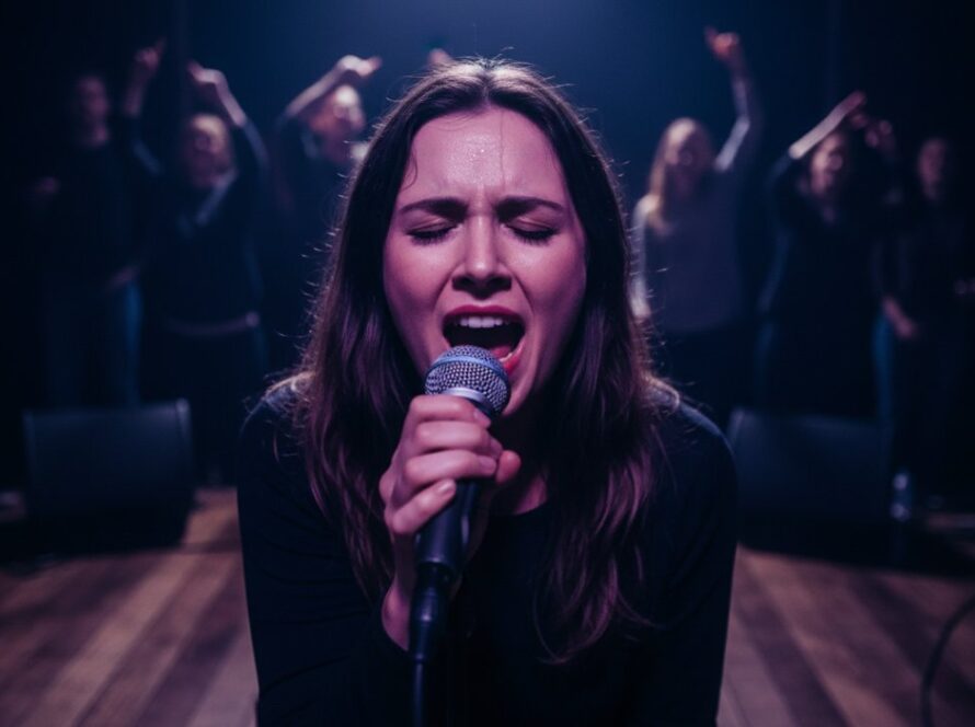 An epic moment captured by Avonsleigh live music photography capturing local artists' soul, showing a passionate singer bathed in dramatic stage lights at a local Avonsleigh venue, their face filled with emotion during a powerful performance.
