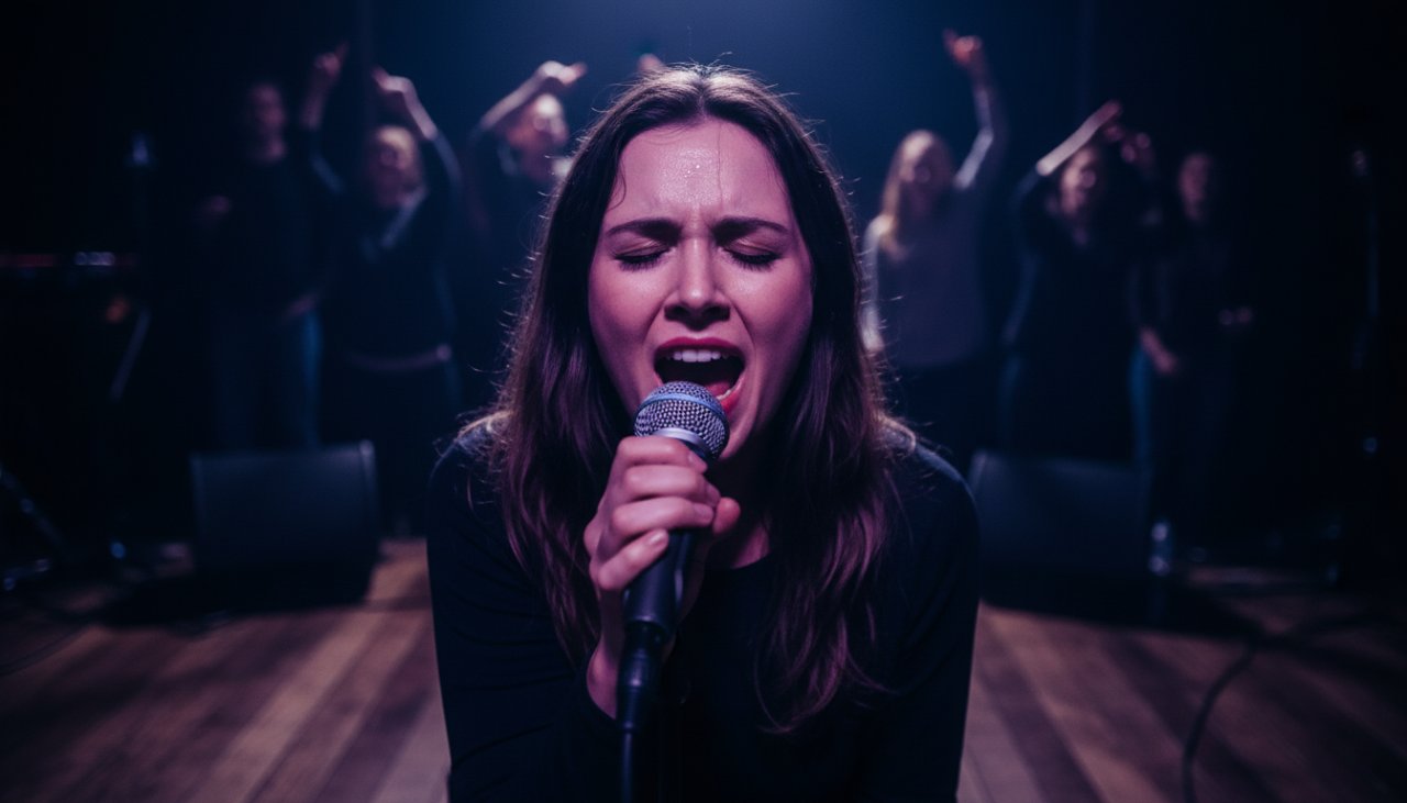 An epic moment captured by Avonsleigh live music photography capturing local artists' soul, showing a passionate singer bathed in dramatic stage lights at a local Avonsleigh venue, their face filled with emotion during a powerful performance.
