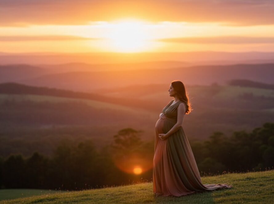 A radiant expectant mother, experiencing Avonsleigh maternity photography capturing glowing mums, stands silhouetted against a golden sunset over the rolling hills of Avonsleigh, Victoria, her hand cradling her baby bump in an epic, emotional moment.