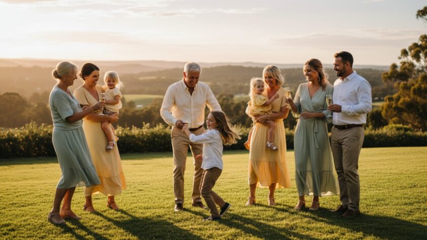 An emotional wide-angle shot of a multi-generational family celebrating a milestone birthday at sunset, set against the rolling hills of Avonsleigh, capturing candid joy with warm, golden hour lighting. The focus keyphrase is Avonsleigh party photography capturing candid joy.