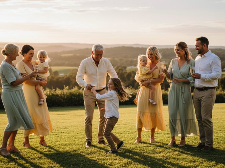 An emotional wide-angle shot of a multi-generational family celebrating a milestone birthday at sunset, set against the rolling hills of Avonsleigh, capturing candid joy with warm, golden hour lighting. The focus keyphrase is Avonsleigh party photography capturing candid joy.