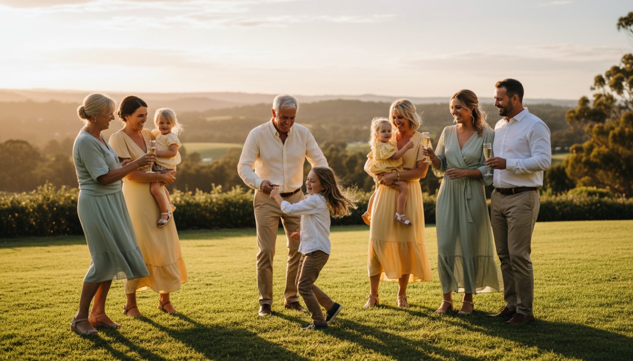 An emotional wide-angle shot of a multi-generational family celebrating a milestone birthday at sunset, set against the rolling hills of Avonsleigh, capturing candid joy with warm, golden hour lighting. The focus keyphrase is Avonsleigh party photography capturing candid joy.