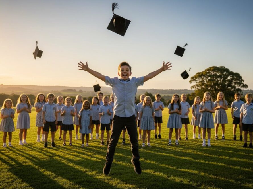 An epic moment: Avonsleigh primary school graduation photography specialists capture a child in mid-air jumping with joy and tossing their graduation cap high against a sun-drenched, rolling green hill backdrop near Avonsleigh, Victoria, golden hour light, cinematic style.