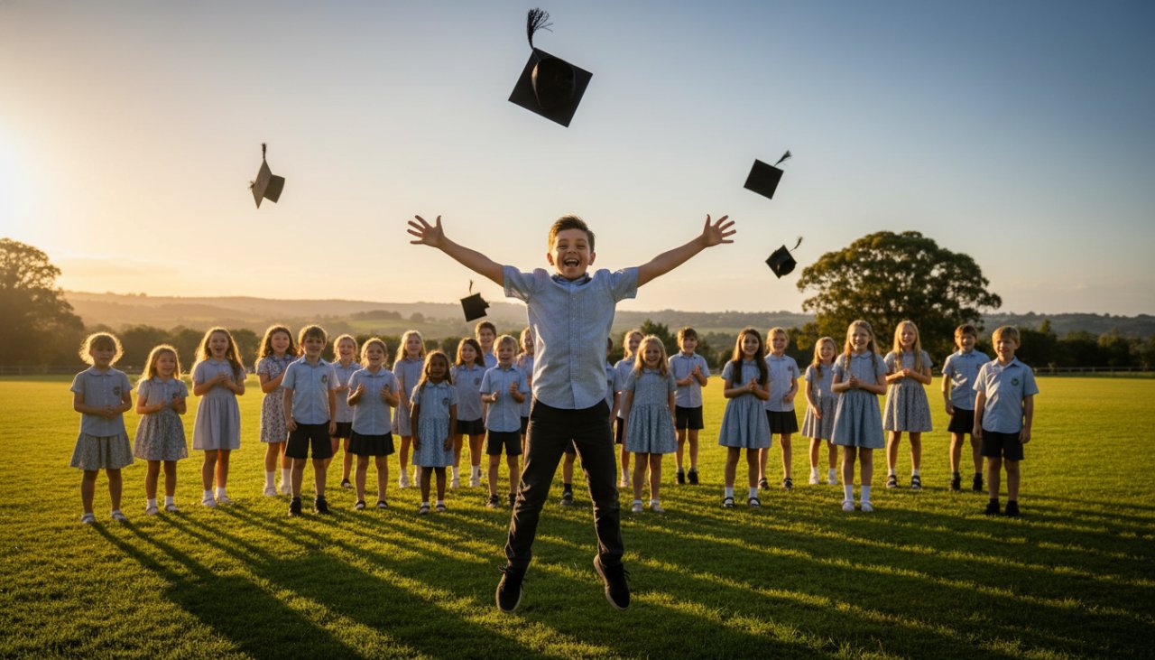 An epic moment: Avonsleigh primary school graduation photography specialists capture a child in mid-air jumping with joy and tossing their graduation cap high against a sun-drenched, rolling green hill backdrop near Avonsleigh, Victoria, golden hour light, cinematic style.