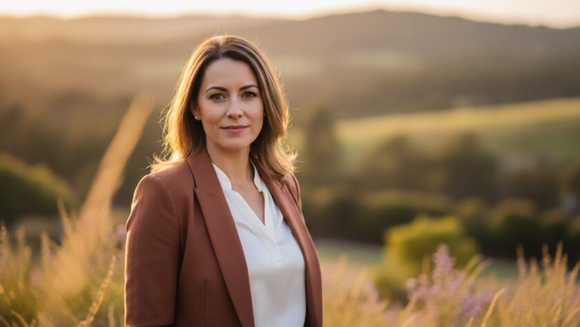 A stunning, cinematic portrait of a confident professional against a soft-focused natural backdrop in Avonsleigh, embodying the essence of Avonsleigh professional headshots for career success. Golden hour lighting accentuates their strong gaze, a subtle smile, and perfectly tailored attire, capturing an inspiring moment of quiet determination.