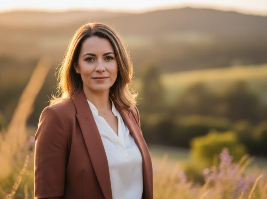 A stunning, cinematic portrait of a confident professional against a soft-focused natural backdrop in Avonsleigh, embodying the essence of Avonsleigh professional headshots for career success. Golden hour lighting accentuates their strong gaze, a subtle smile, and perfectly tailored attire, capturing an inspiring moment of quiet determination.