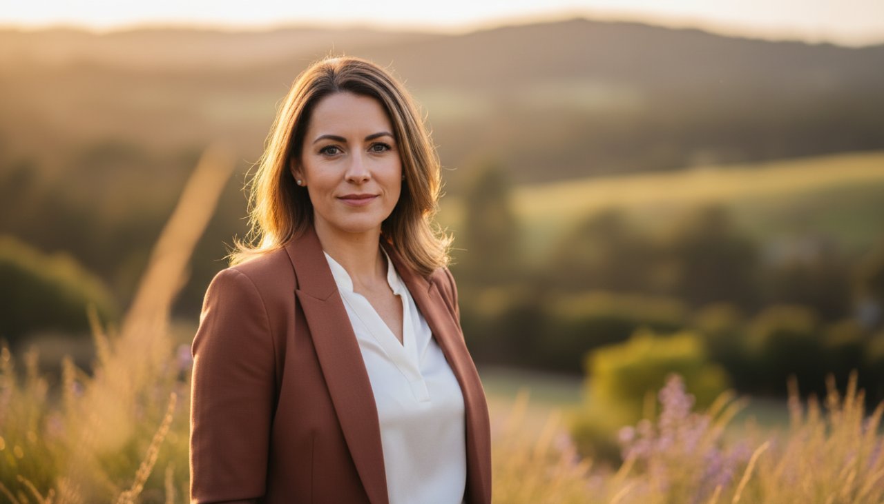 A stunning, cinematic portrait of a confident professional against a soft-focused natural backdrop in Avonsleigh, embodying the essence of Avonsleigh professional headshots for career success. Golden hour lighting accentuates their strong gaze, a subtle smile, and perfectly tailored attire, capturing an inspiring moment of quiet determination.
