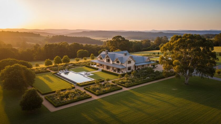 An epic aerial view of a grand rural estate in Avonsleigh, Victoria, bathed in golden hour light, highlighting expert Avonsleigh real estate photography showcasing rural luxury with lush gardens, a winding driveway, and distant Dandenong Ranges.