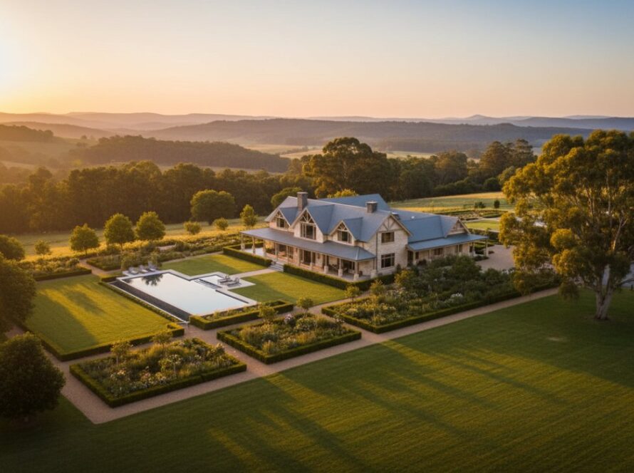 An epic aerial view of a grand rural estate in Avonsleigh, Victoria, bathed in golden hour light, highlighting expert Avonsleigh real estate photography showcasing rural luxury with lush gardens, a winding driveway, and distant Dandenong Ranges.