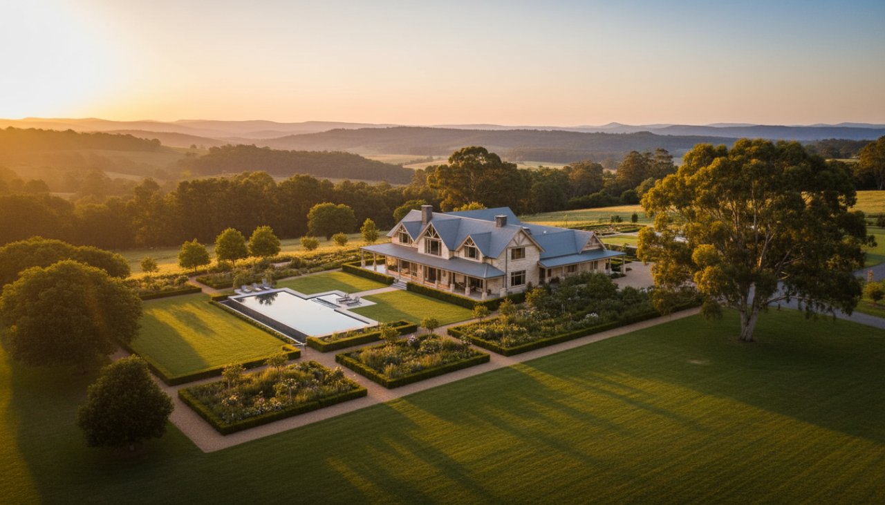 An epic aerial view of a grand rural estate in Avonsleigh, Victoria, bathed in golden hour light, highlighting expert Avonsleigh real estate photography showcasing rural luxury with lush gardens, a winding driveway, and distant Dandenong Ranges.