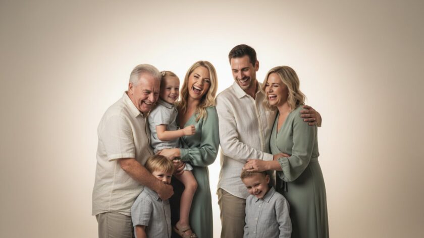 A heartwarming Avonsleigh studio photography scene of a multi-generational family, bathed in soft, ethereal light, sharing a joyous embrace, capturing a truly timeless family moment with authentic emotion and connection.