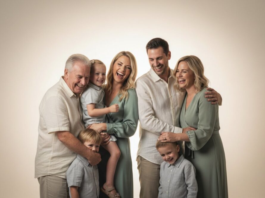 A heartwarming Avonsleigh studio photography scene of a multi-generational family, bathed in soft, ethereal light, sharing a joyous embrace, capturing a truly timeless family moment with authentic emotion and connection.