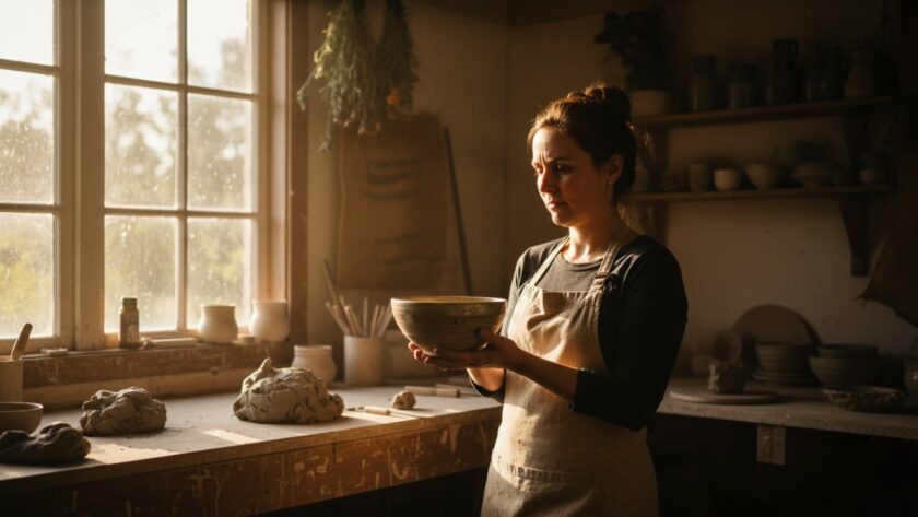 An epic, cinematic shot of a handcrafted artisan product from Avonsleigh, Victoria, illuminated by golden hour light on a rustic wooden table, beautifully showcasing the brand's essence for advertising photography.