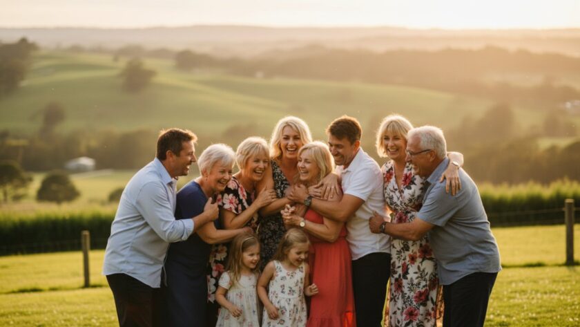 An Avonsleigh Victoria candid event photography specialists captures a heartwarming, unposed moment during a local fair, showing genuine laughter and connection under soft, golden hour light, set against a backdrop of rolling hills.