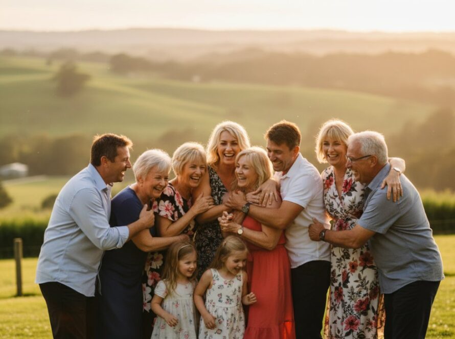 An Avonsleigh Victoria candid event photography specialists captures a heartwarming, unposed moment during a local fair, showing genuine laughter and connection under soft, golden hour light, set against a backdrop of rolling hills.
